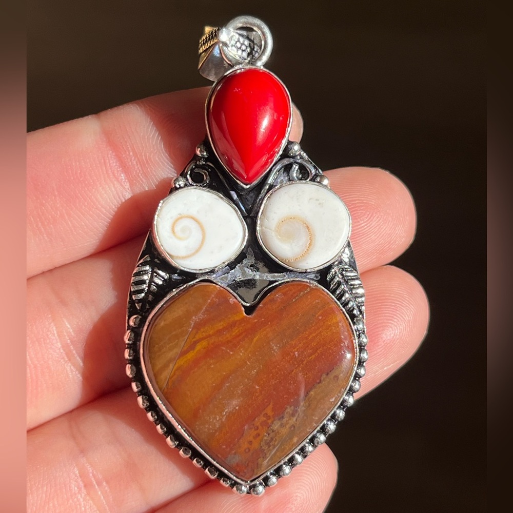 925 silver overlay red jasper coral heart pendant